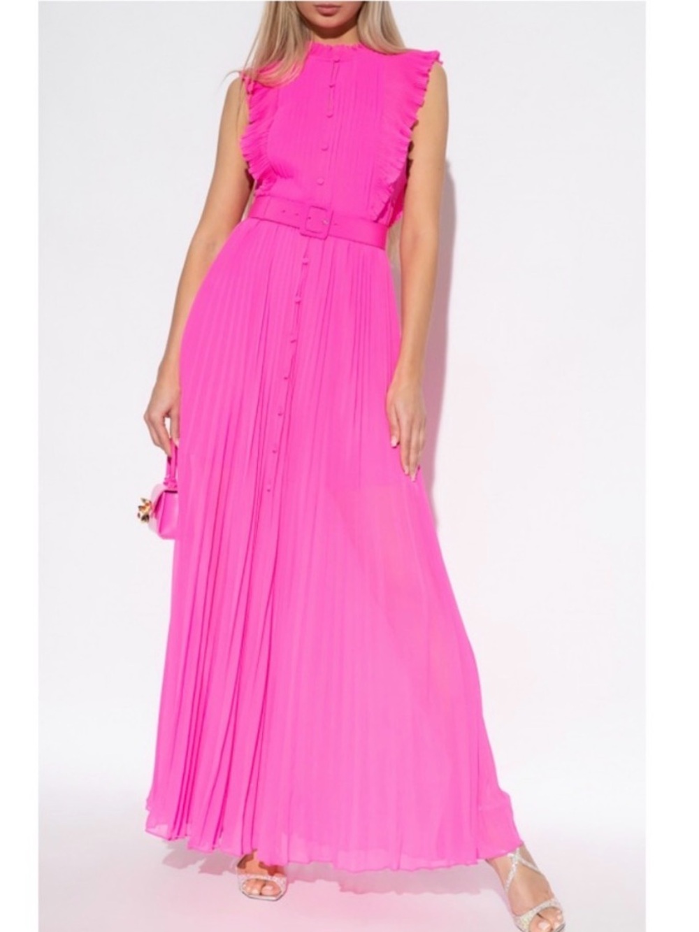 Self-Portrait Vibrant Hot Pink Chiffon Ruffle Pleated Midi Dress - Size US